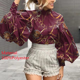 2022 Fashion Shirts Women Big Lantern Sleeve Bohemian Floral Print Blouse Casual Loose Stand Collar Office Elegant