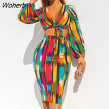 Women Long Sleeve Tie V Neck Crop Top and Midi Skirt Set Sexy Two Pieces Party Clubwear Elegant Boho Beachwear-Outfit