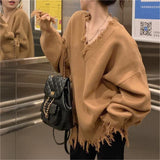 Woherb New Autumn-Winter 2023 V-Neck Sweater Female Loose Long Sleeve Lazy Wind Jacket Sweater Niche Style Broken Hole Sweater-Outfit