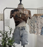 Shooting Retro Tie-Dye Double-Layer Mesh Half-High-Neck Short-Sleeved T-Shirt T-Shirt Short-Sleeved T-Shirted Woman