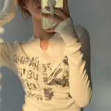 Vintage Harajuku T-Shirts Y2k Long Sleeve Crop Top Women's Rhinestone Print Glitter Lace Korean Fashion Tees Blouse-Outfit
