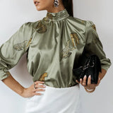 Women Satin Blouse 2022 Fashion Elegant Tunic Slik Tops Autumn Solid High Collar Shirt Long Sleeve Party Blusas