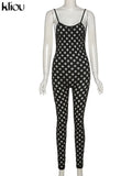 Kliou Hollow Out See Through Jumpsuit For Women Solid Sexy Sling Skinny Cleavage Net Plaid Hole Stunning Midnight Club