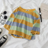 Women Sets Colorful Striped T-shirt Simple Elastic-waist Wild-leg Loose Long Trousers Student Korean Style Casual Comfortable-Outfit