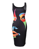 Figure Print Sleeveless U-Neck Bodycon Dress Women Spring Summer High Waist Slim Sheath Mini Dress-Outfit