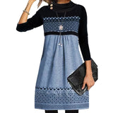 Women 2021 Autumn Winter Elegant Patchwork Print Party Dress Ladies Casual O-Neck Long Sleeve Midi Party Loose A-Line