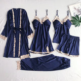 Pyjamas Set Women Satin Lace Nightwear Navy Blue V-Neck Pajamas Suit Spring Sleepwear Silky Sleep Wear Home