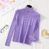 Pullover Women Sweater Autumn Knitted Button Long Sleeve Half Turtleneck Female Jumper Elastic Korean Fashion Blouse