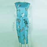 Summer New Fashion O Neck Sleeveless Women's Set Casual Bodycom Solid Butterfly Print Folds Split Ladies Mid-length