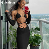 Women Summer 2022 Sexy 2 Pieces Sets Bandage Tie Hollow Out Evening Party Club Fashion Drawstring Slit Side Clothes-Outfit
