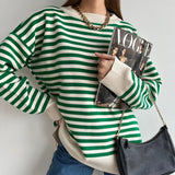 Neck Vintage Striped Sweater Pullovers For Women Casual Loose Long Sleeves Jumpers Autumn Female Drop Shoulder Kintting