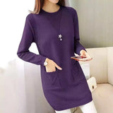 Sping Winter Women Black Sweaters Casual Solid O-Neck Long Sleeve Knit Sweaters Loose Pockets Mid Length Pullover Female