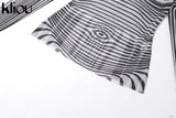 Kliou Mesh Striped Two Piece Set Women Sheath Body-Shaping High Street Sexy Hipster Long Sleeve O-Neck Female Streetwear