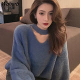 Cashmere Halter V-Neck Loose Knitted Sweater Women Jumpers Oversized Elastic Casual Pullovers Lantern Sleeve Vintage Tops-Outfit