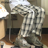 Women Wide Leg Trousers High Waist Plaid Ulzzang Chic Retro All-match Students Basic Classic Streetwear Baggy Simple Cozy-Outfit