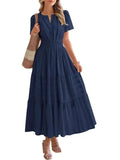 Spring And Summer Women's New Fashion V-Neck Folding Bubble Sleeve Layer - Big Swing Dress