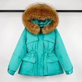 Large Natural Raccoon Fur Hooded Winter Jacket 90% White Duck Down Coat Women Puffer Fluffy Parkas With Belt Snow