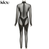 Kliou Mesh Patchwork Jumpsuit Women Mock Neck Full Sleeve Geometric One Piece Playsuit Sexy Midnight Overall Party