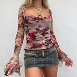 Square Neck Skinny Crop Top Retro Floral Print T-shirt Elegant Lady Women Fairy Grunge Long Sleeve Ruffles Tees
