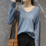 Women Sweaters White Long Sleeve O-neck Basic Pullovers Spring Autumn Solid Korean Sweater Bottoming Shirts V-neck