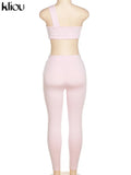 Kliou Sporty Solid Two Piece Set Women Skinny Inclined Shoulder Hole Cleavage Tank Tops+ Concise Stretchy Pants Workout