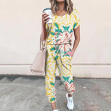 Casual Tie-dye Print 2 Piece Set O Neck Short Sleeve Tops And Drawstring Lace Up Long Pant Summer Sport Loose Female