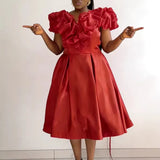 Temperament Round-Neck Three-Dimensional Lotus Leaf-Side Dress Collection Waist Thin Temperament Ass Banquet Dress