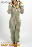 Women Overall Homewear Warm Fleece Hooded High Waist Autumn Winter Solid Color Jumpsuit Pants Jumpsuits Pajama-Outfit