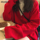 Women Casual Sweater Retro Grey Solid Loose Pockets Single Breasted V-Neck Trendy All-match Jumper Female Tops Outwear-Outfit