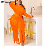 Elegant Women's Set Long Sleeve T-shirt and Tassel Pants Suit Autumn Winter Active Tracksuit Two 2 Piece Set Outfits-Outfit