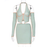 Solid Women Halter Off Shoulder Zipper Crop Top Mini Dress 2 Pieces Set Bright Line Decoration 2021 Autumn Y2K