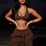 Kliou Sporty Two Piece Set Girl Halter Crop Tops+Drawstring Sweatpants Slim Activewear Casual Gym Workout Fitness Womens