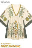 2023 Women Summer Loose Mini Dress Vintage Linen Embroidery 3/4 Sleeve V-Neck Female Elegant Street Dresses Clothing-Outfit