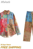 2023 Women Summer 2-Pieces Sets Vintage Print Loose Shirts Tops and Trousers Female ELegant Street Two Suits Clothing-Outfit