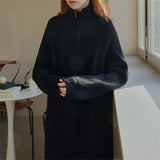 Woherb Lapel Half Zipper Wool Dress 2024 Autumn And Winter New Style With Loose Casual Long Knit Bottom Shirt Women-Outfit
