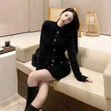 Autumn winter new in Chic Red knit dress women long sleeves O-Neck Button elegant Party dresses-Outfit