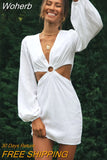 Fashion §ا֧ߧã§ܧà§Ö §á§ݧѧä§î§Ö 2023 White Summer Dress Sexy Lantern Sleeve Slim Mini Dress Hollow Out V Neck Vintage Party Dresses-Outfit