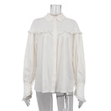 Woherb Women's Wear Early Spring 2024 New Shirt Women's French Lapel Lantern Sleeve Lace Design Sense Loose White Shirt-Outfit