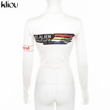 Kliou high quality fashion print bodycon soft tees crop top spring new long-sleeve casual elastic harajuku streetwear
