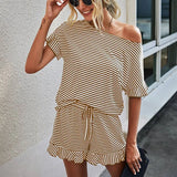 Loungwear Stripe Shorts Set Summer Women Short Sleeve Tee Tops And Loose High Waisted Mini Shorts Two Piece Set 2021
