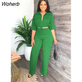 Fashion 2Piece Set Women Office Ladies Solid V-neck Drawstring Tie Shirt Pocket Straight Trousers 2 Piece Set Women-Outfit