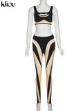 Kliou Mesh Patchwork Two Piece Set Women Skinny Hole Sleeveless Vest+Mid Waist See Through Leggings High Street Attirewear