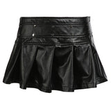 Woherb Girl Rivets Dark Wind Pleated Skirt Low Waist Design Zipper Show Thin Low Waist A Line Leather Skirt-Outfit
