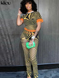 Kliou Sexy Mesh Two Piece Set Women SeeThrough Midnight Style Striped Color Blocking Top+Letter Print High Stretchy