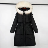 Large Natural Raccoon Fur Hooded Long Down Coat Women Winter 90% Duck Down Parkas Female Thickness Sash Tie Up Jackets-Outfit