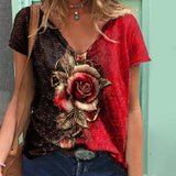 Rose Print T-Shirts Women Casual V-Neck Short Sleeve Loose Tee Shirt Female 2021 Fashion Street Hipster Pullover