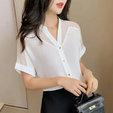 Summer Women Shirts Pullover Chiffon Short-Sleeved Women Tops Solid Color Mesh V-neck Women Clothing camisas mujer