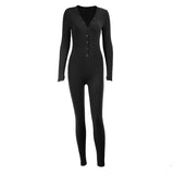 hirigin V-neck Button Sexy Rompers Woman Long Sleeve Slim Bodycon Casual Sporty Jumpsuit Autumn Letter Embroidery