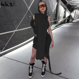 Kliou Knitted Dress Women Sexy See Through X-Long Hoody Tops+One Shoulder Drawstring Ruched Robe Skirt Hipster Future