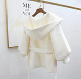 Women Woolen Coat Solid Color Hooded Waist Strap Female